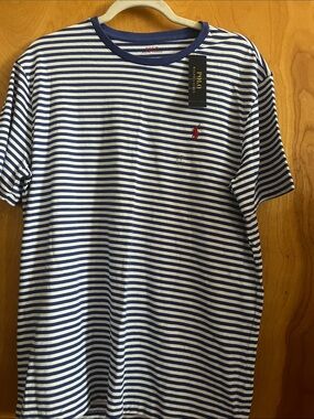 Polo by Ralph Lauren Blue & White Striped Crewneck Tee with Red Pony